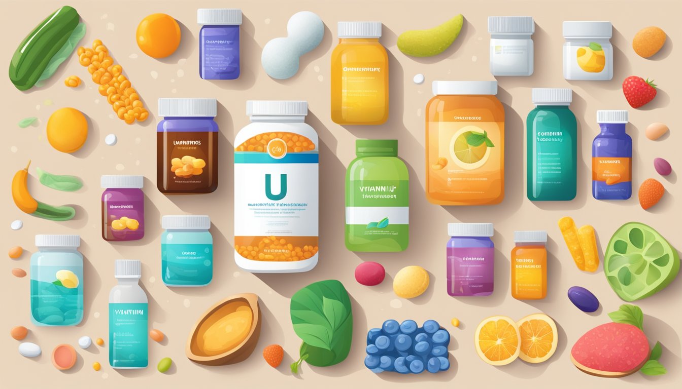 A colorful array of various supplements, with a prominent focus on a bottle of vitamin U, stands against a backdrop of a healthy digestive system