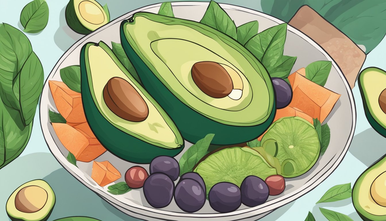 A bowl of sliced avocados surrounded by anti-inflammatory foods, with a background of soothing colors to depict rosacea flare-ups