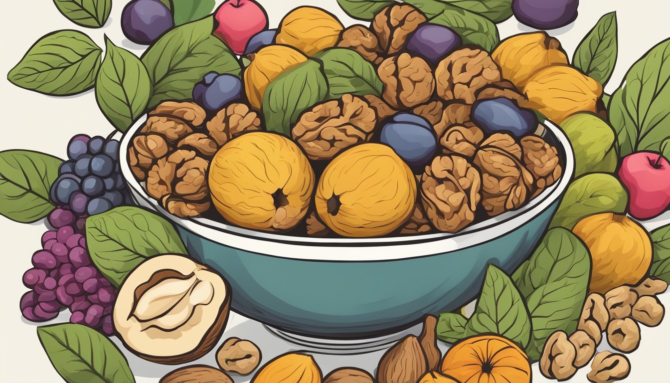 A bowl of walnuts surrounded by colorful anti-inflammatory foods