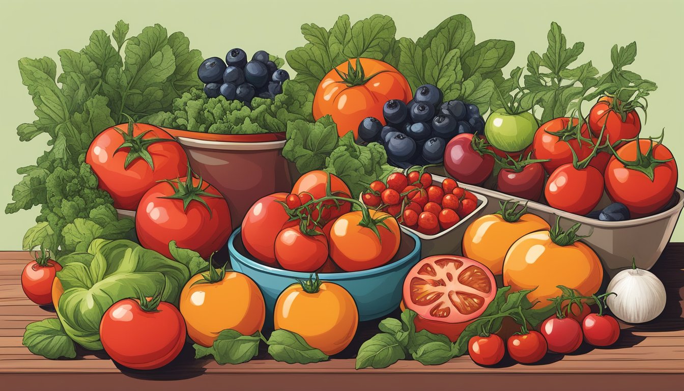 A variety of tomatoes, including cherry, beefsteak, and heirloom, arranged in a colorful display with other anti-inflammatory foods like leafy greens and berries