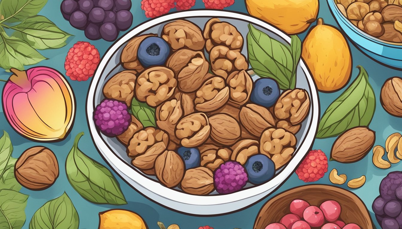 A bowl of walnuts surrounded by colorful anti-inflammatory foods, with a background of soothing colors to depict relief from rosacea flare-ups