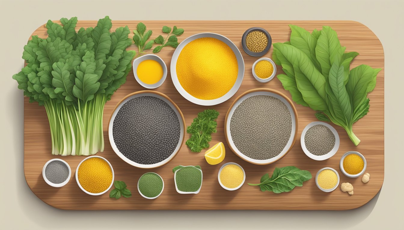 A colorful array of chia seeds, turmeric, ginger, and leafy greens arranged on a wooden cutting board