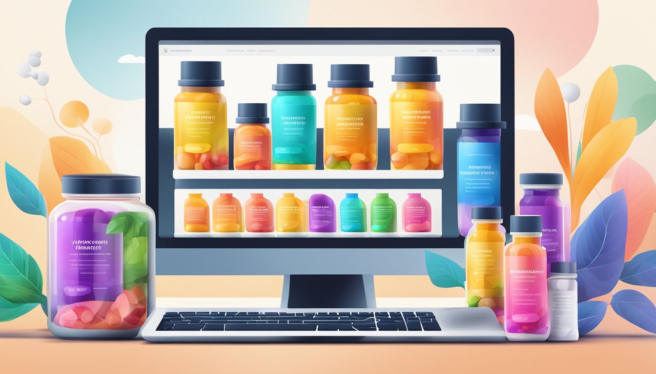 A computer screen displaying a variety of colorful vitamin supplement bottles with a sleek and modern website design in the background