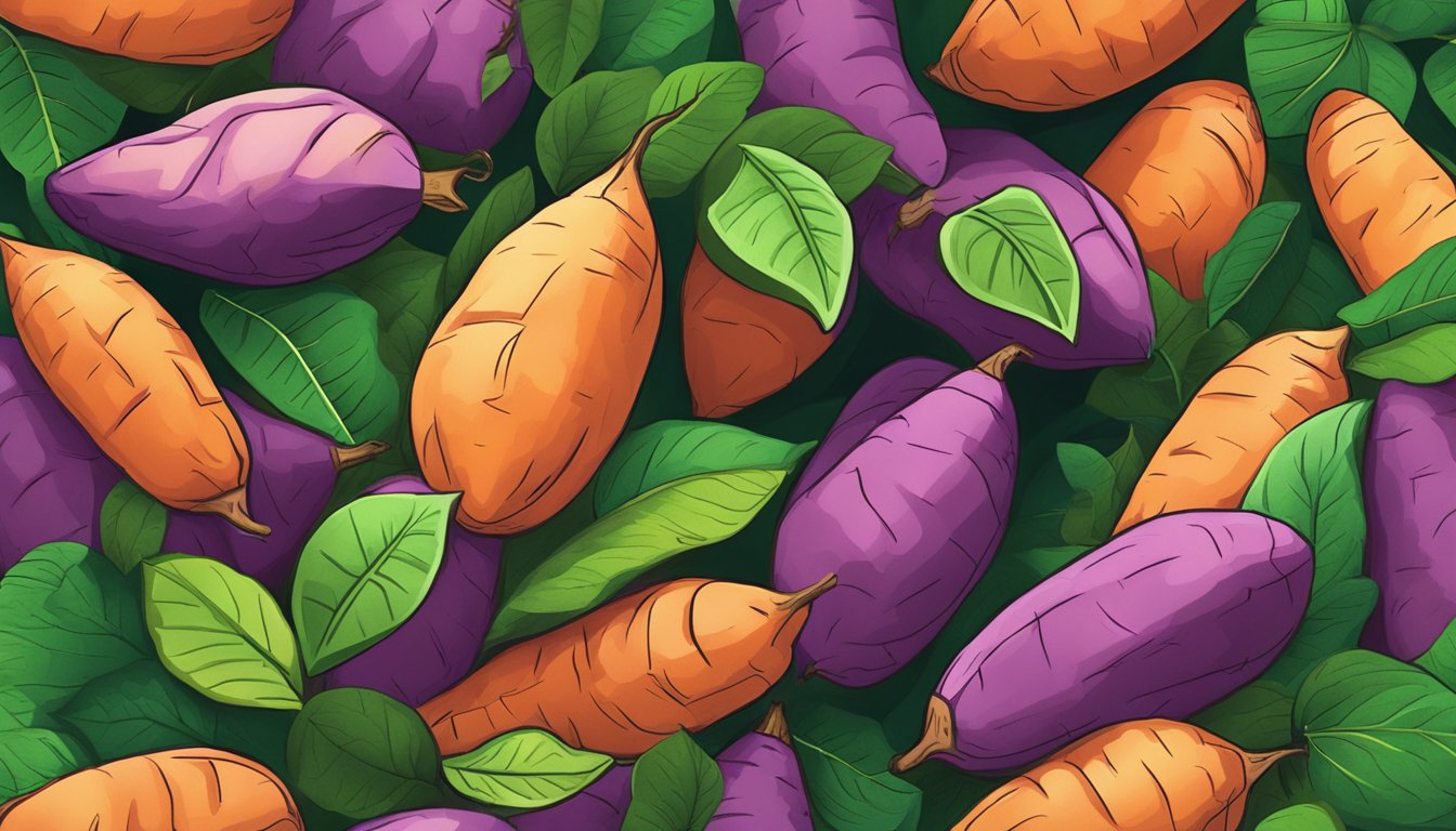 A colorful pile of sweet potatoes surrounded by vibrant green leaves, with a soft glow emanating from them