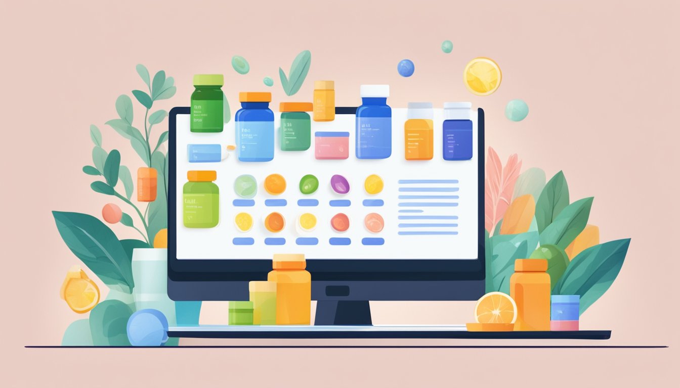 A laptop displaying various vitamin supplements on a sleek, modern website. A hand reaches for a bottle of vitamins