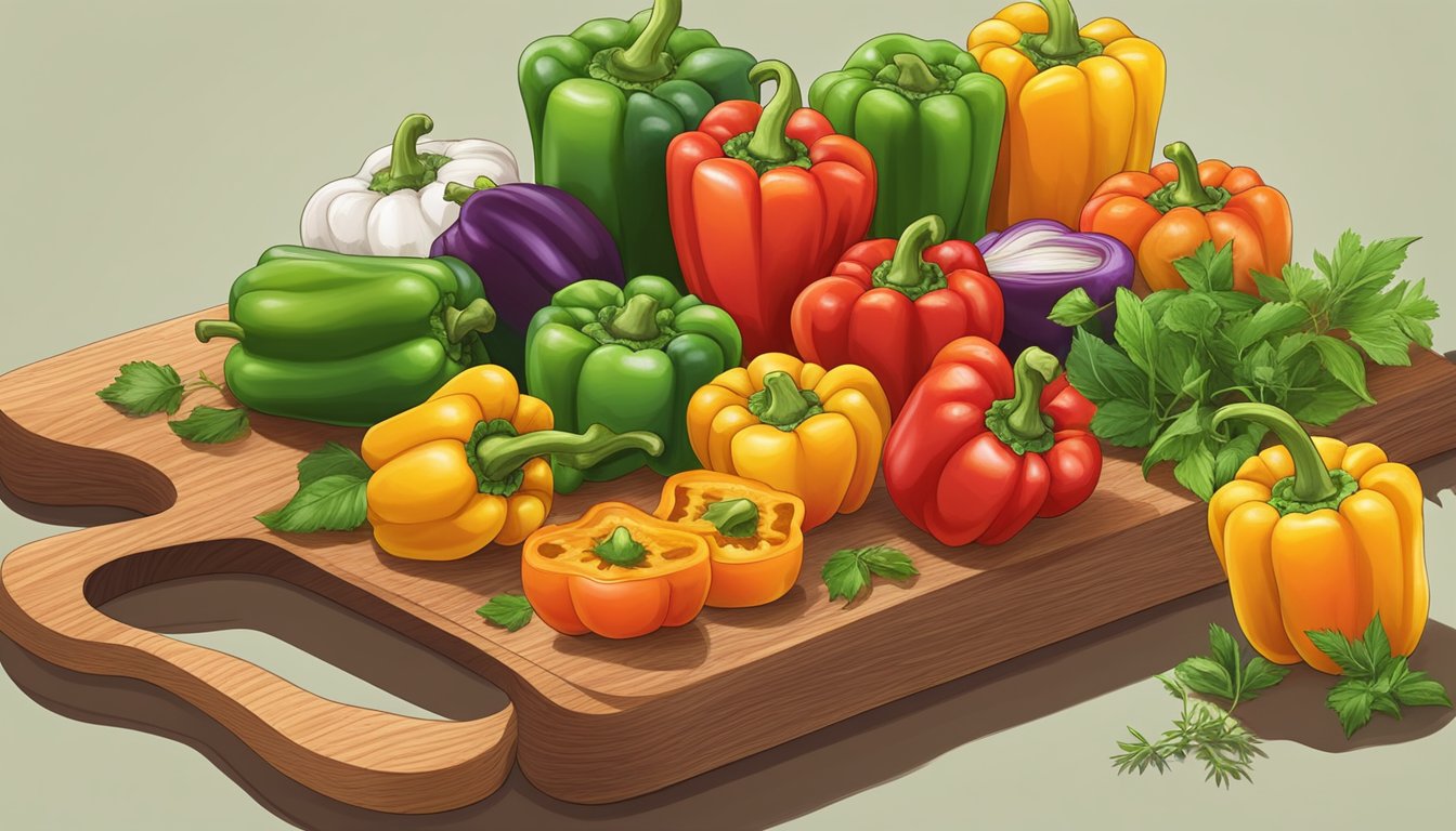 A colorful array of bell peppers, sliced and arranged on a wooden cutting board, surrounded by fresh herbs and spices