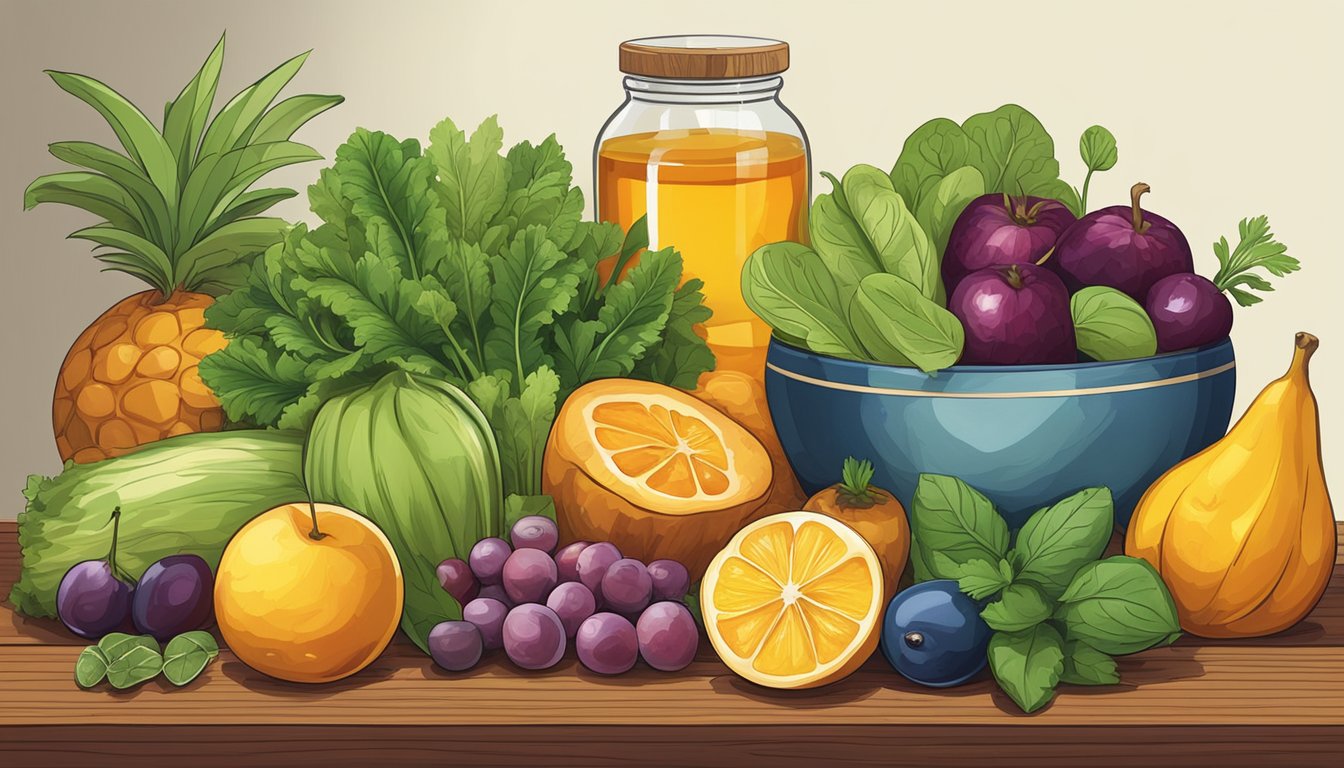 A variety of colorful fruits, vegetables, and herbs arranged on a wooden table, with a bowl of leafy greens and a jar of honey nearby