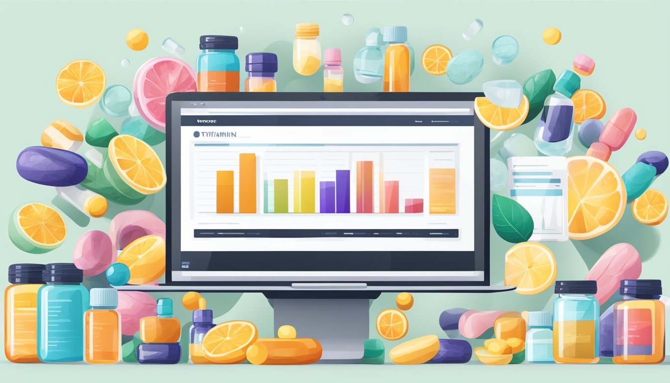 A laptop surrounded by various vitamin supplements, with a sleek and modern website displayed on the screen