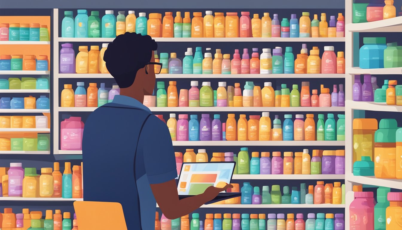 A brightly lit, organized shelf filled with various vitamin supplement bottles, a laptop open to an online store, and a hand reaching for a bottle