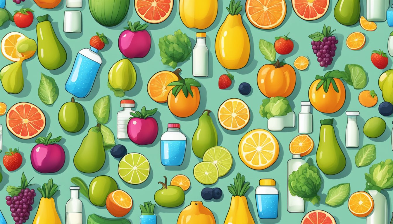 A colorful array of fresh fruits, vegetables, and vitamin bottles displayed on a sleek, modern online shopping platform