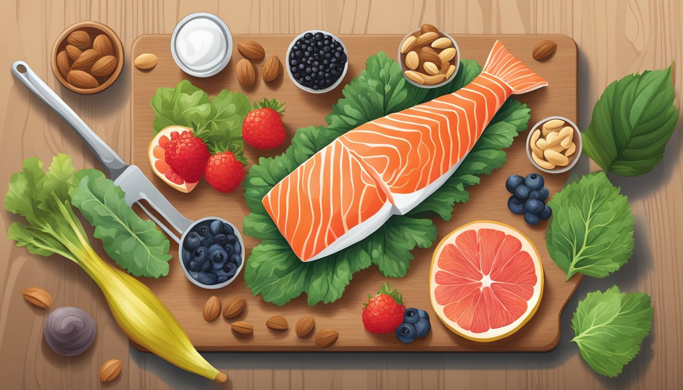 A colorful array of salmon, berries, nuts, and leafy greens arranged on a wooden cutting board