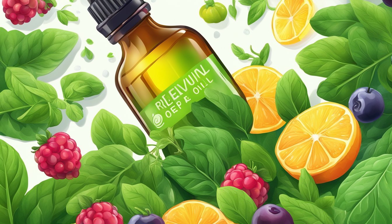 A dropper releasing oregano oil onto a vibrant green leaf surrounded by a halo of colorful antioxidant-rich fruits and vegetables