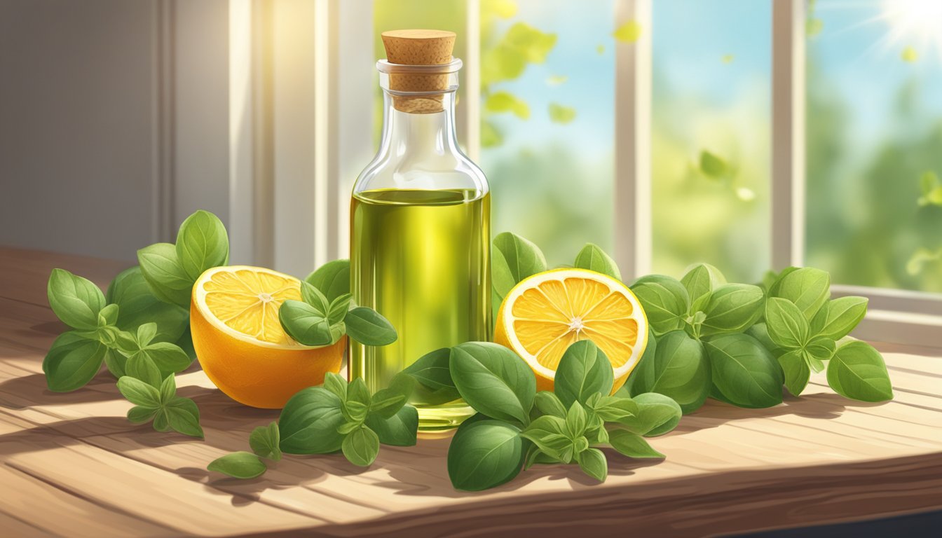 A bottle of oregano oil surrounded by fresh oregano leaves, garlic, and citrus fruits on a wooden table. Sunshine streaming through a window