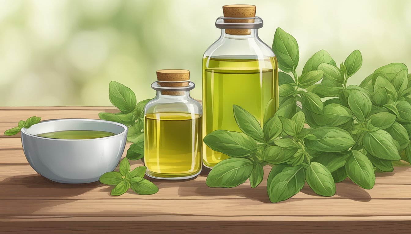 A bottle of oregano oil sits on a wooden table, surrounded by fresh oregano leaves and a bowl of soothing herbal tea