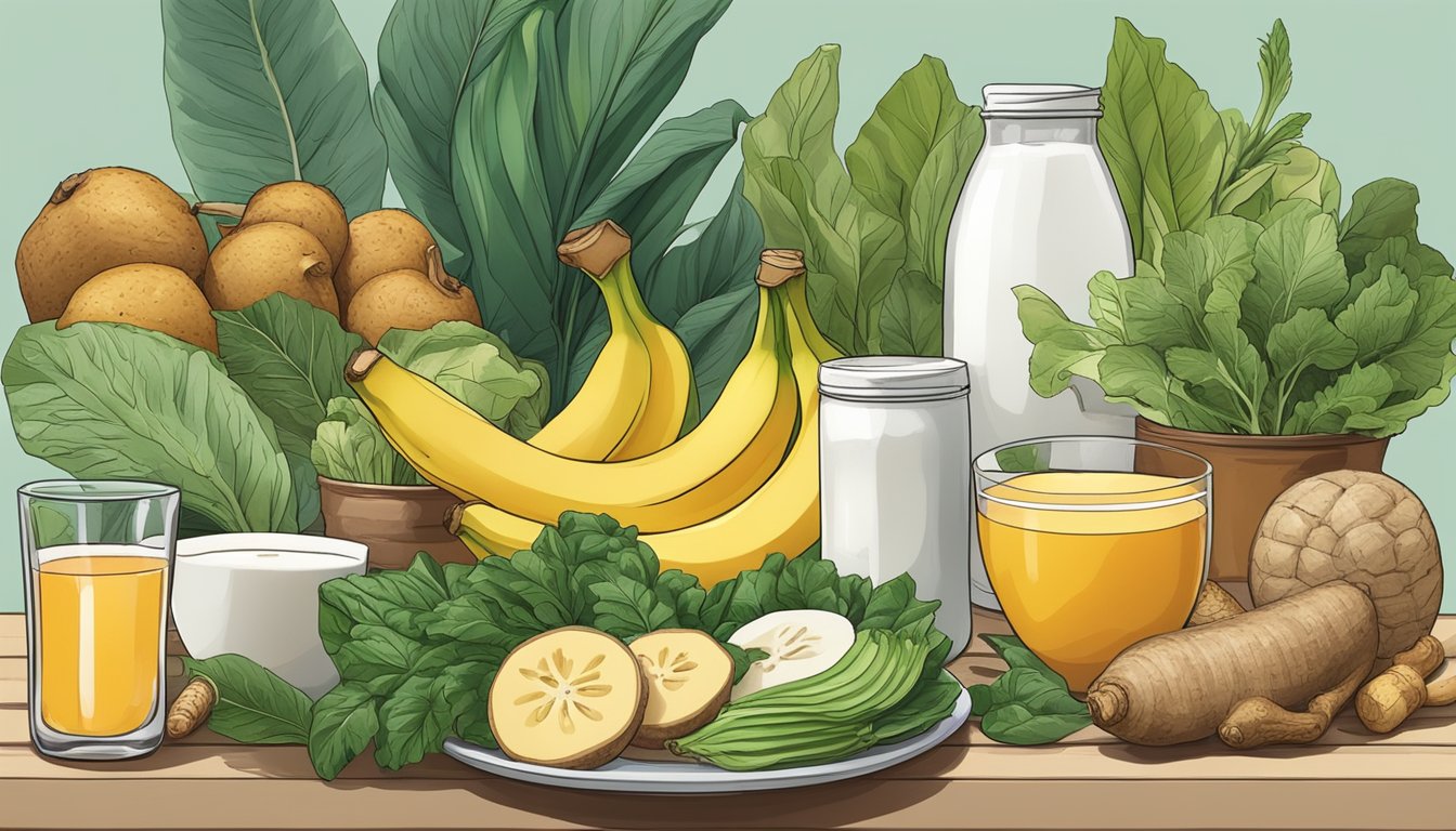 A variety of colorful, whole foods arranged on a table, including bananas, ginger, yogurt, and leafy greens, with a soothing herbal tea nearby