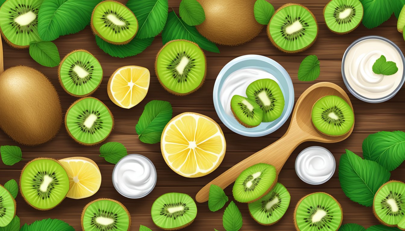 A colorful array of kiwi fruit, yogurt, ginger, and mint on a wooden table