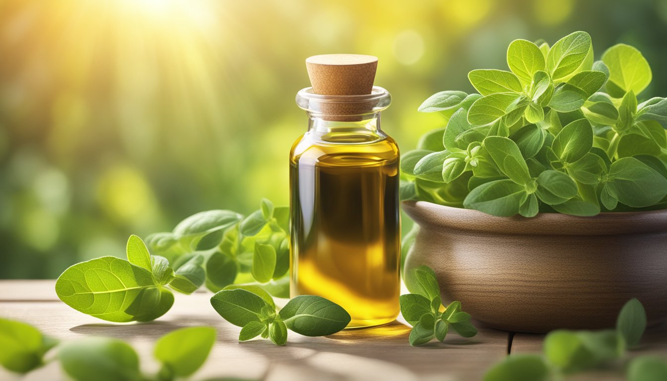 A bottle of oregano oil surrounded by fresh oregano leaves, a mortar and pestle, and a dropper. Sunlight illuminates the scene, highlighting the vibrant green color of the leaves and the amber hue of the oil