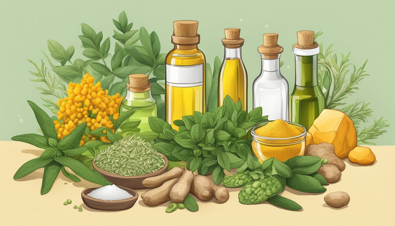 A bottle of oregano oil surrounded by 10 different items representing its powerful anti-inflammatory properties, such as turmeric, ginger, and aloe vera