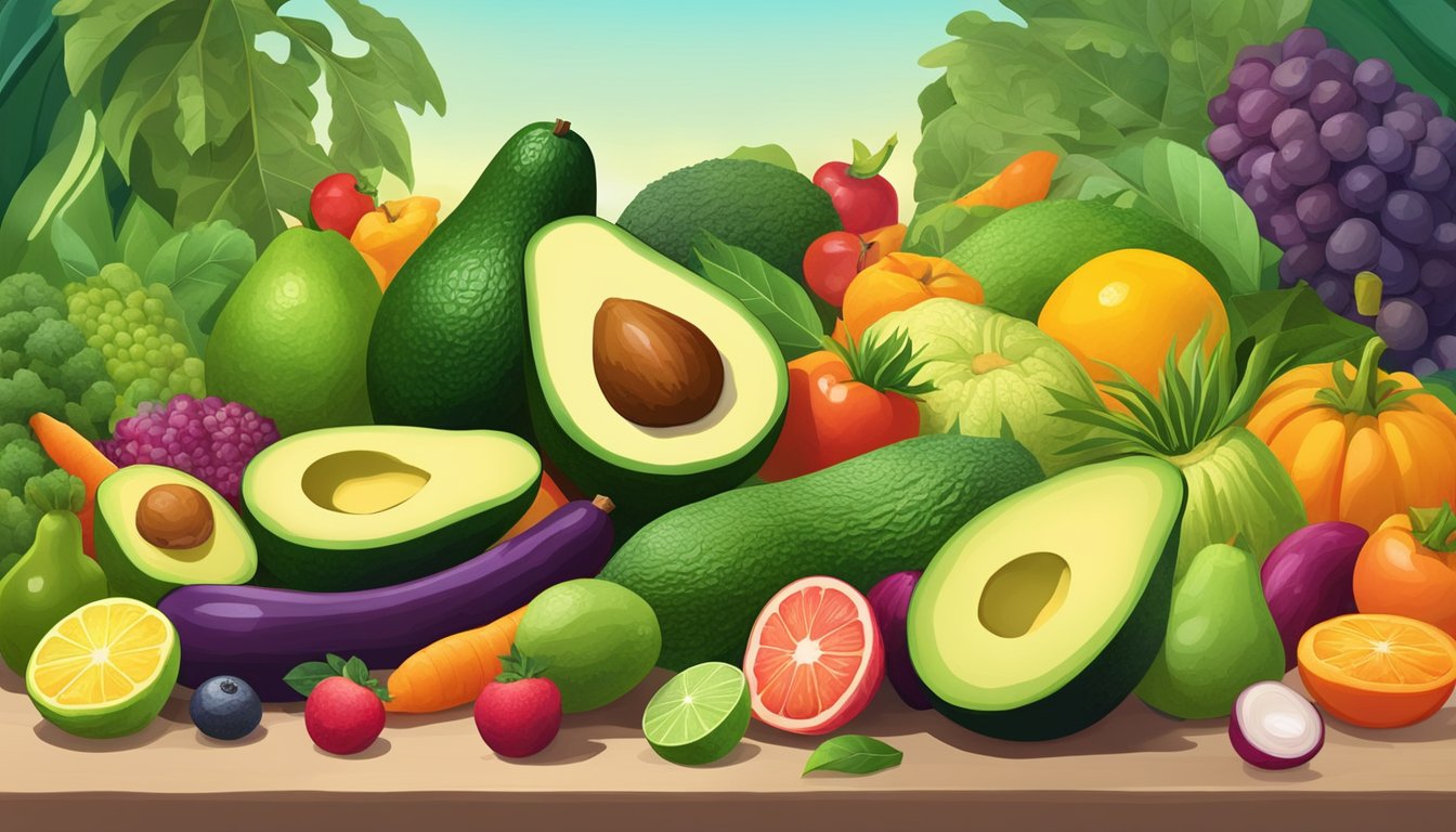 A vibrant scene of assorted avocado, fruits, and vegetables surrounded by a burst of colorful and healthy foods