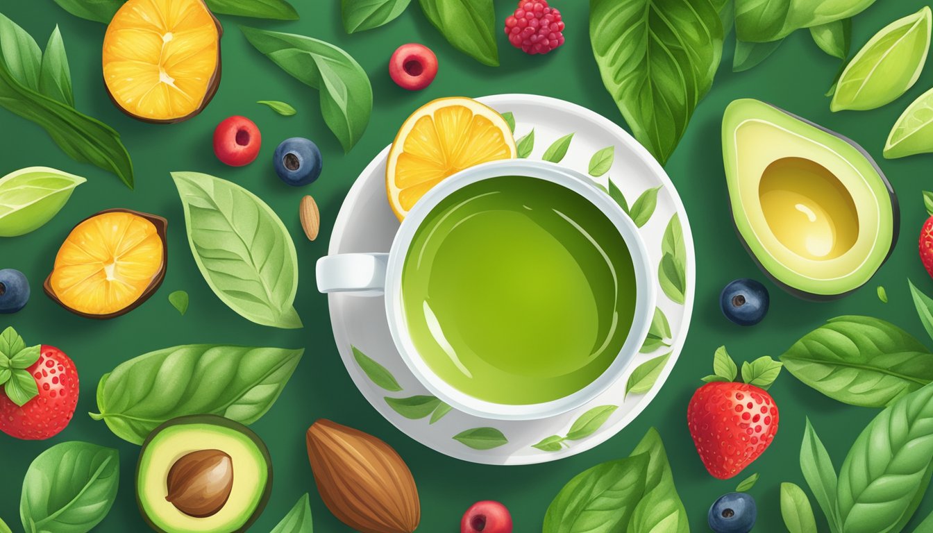 A steaming cup of green tea surrounded by vibrant green tea leaves and a scattering of belly-busting foods like avocados, nuts, and berries