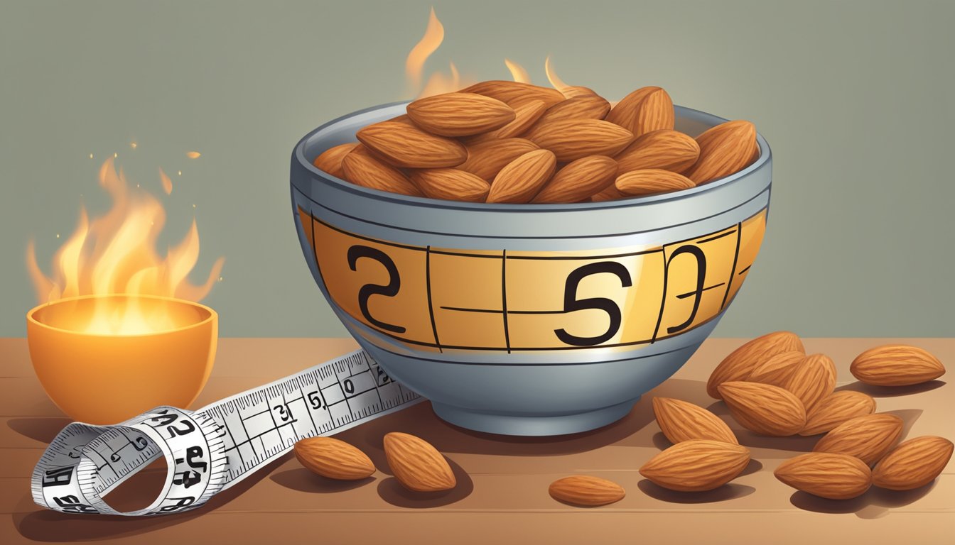 A bowl of almonds surrounded by a measuring tape and a fat-burning flame