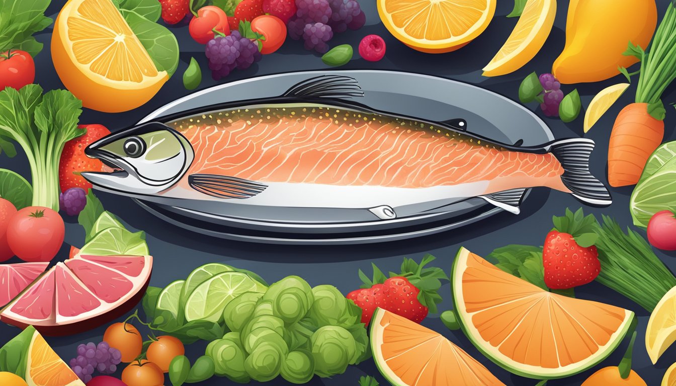 A plate of salmon fillet surrounded by vibrant, colorful fruits and vegetables