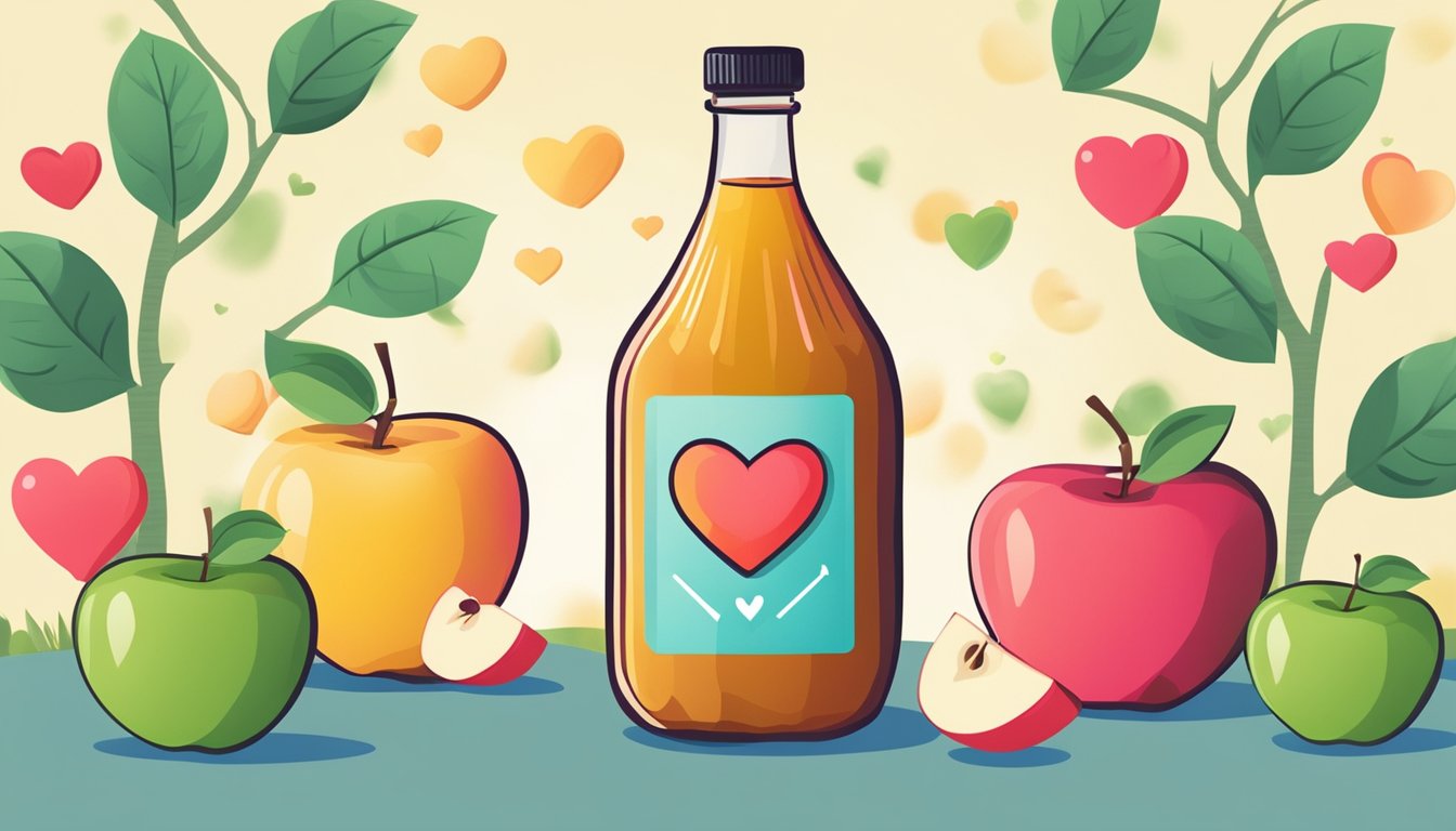 A bottle of apple cider vinegar surrounded by heart-shaped apples. A heart monitor and healthy heart symbols in the background