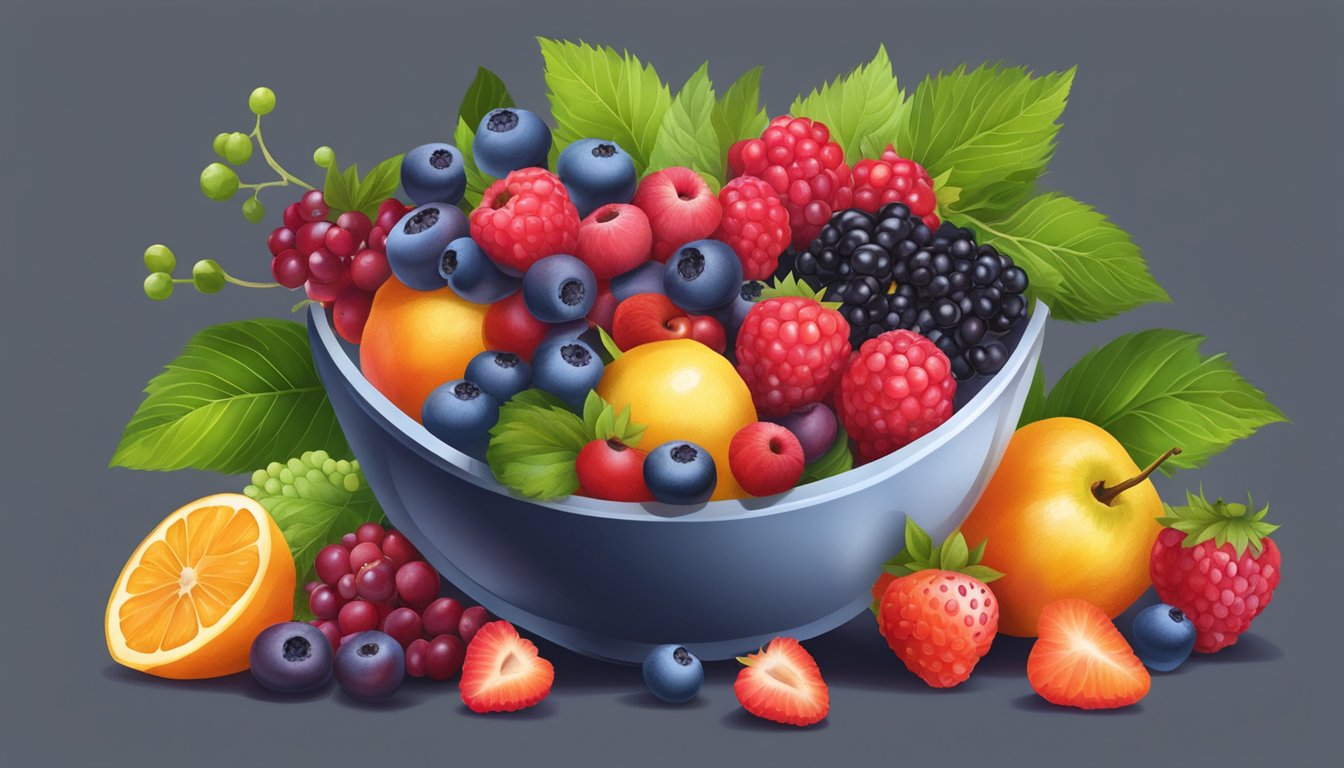 A vibrant assortment of berries overflowing from a bowl, surrounded by fresh green leaves and a burst of colorful fruits