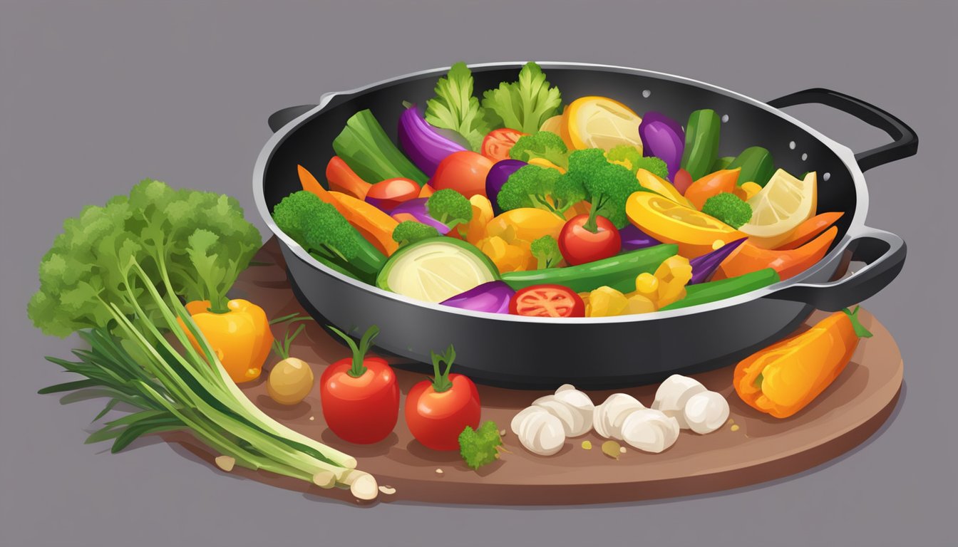 A sizzling skillet with a variety of colorful vegetables and lean protein cooking in a pool of olive oil, emitting a tantalizing aroma