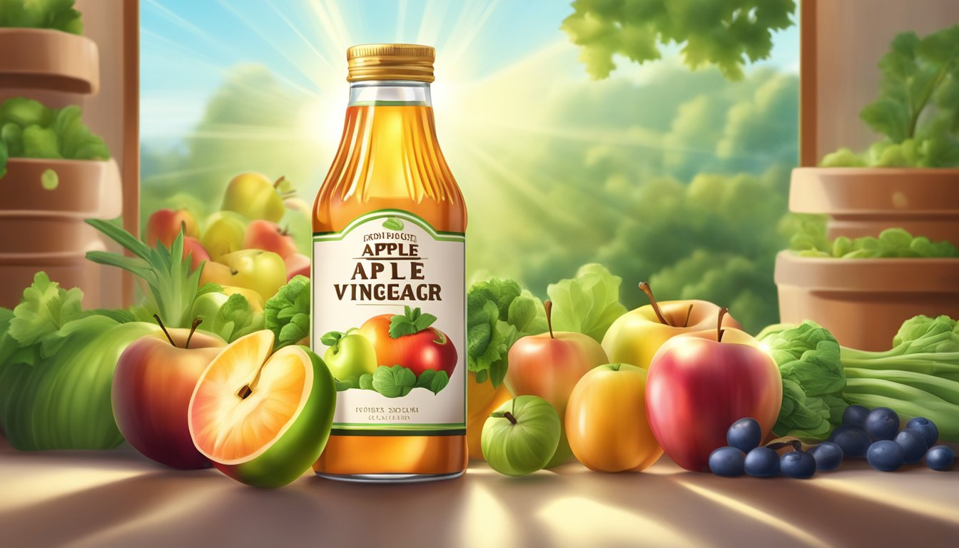 A glass bottle of apple cider vinegar surrounded by various fruits and vegetables, with rays of light shining down onto the bottle