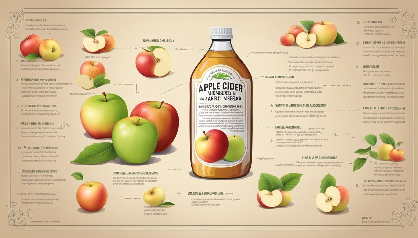 A bottle of apple cider vinegar surrounded by apples, cholesterol molecules, and a list of 8 benefits