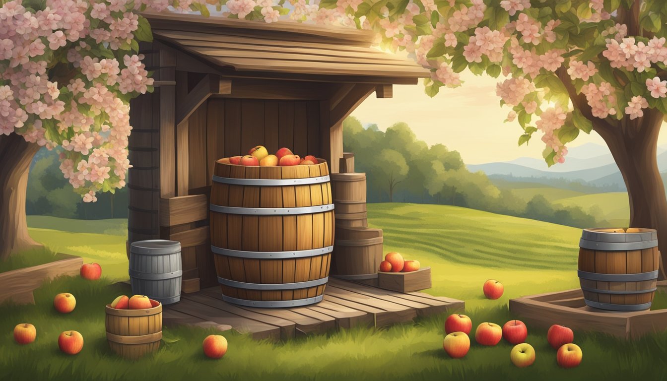 A rustic wooden barrel filled with ripe apples, surrounded by blooming apple orchards and an old-fashioned cider press