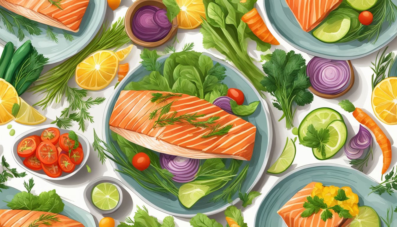 A plate of grilled salmon surrounded by colorful vegetables and herbs