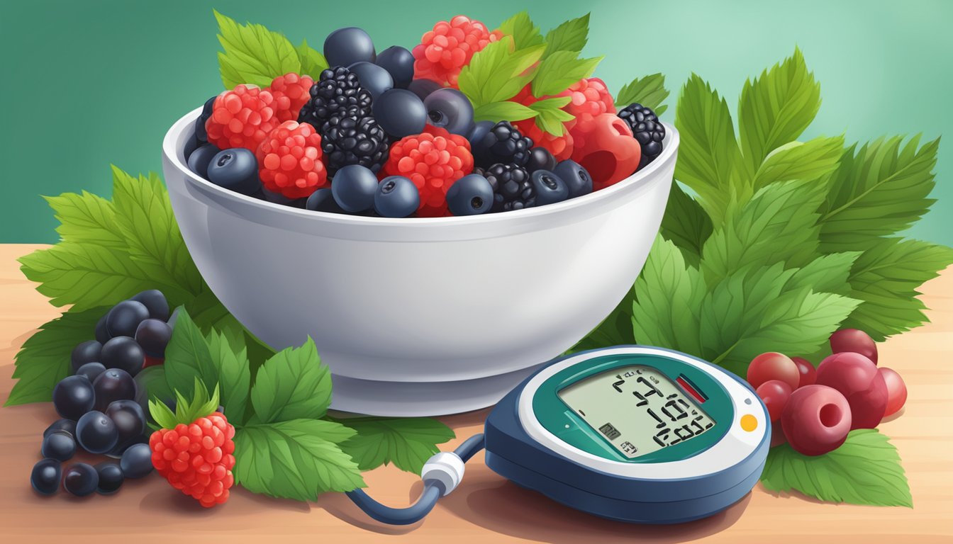 A bowl of assorted berries surrounded by green leaves and a blood pressure monitor in the background