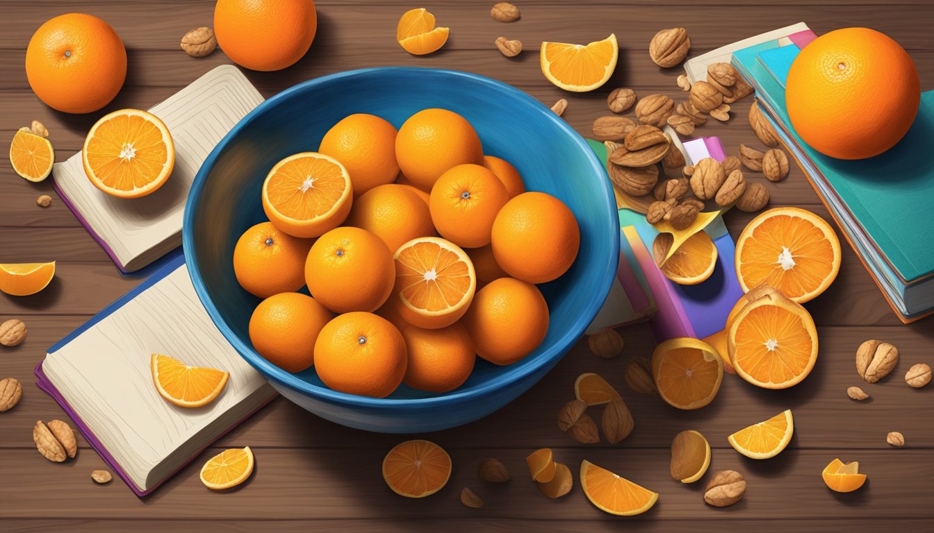 A bowl of vibrant oranges surrounded by scattered walnut shells and a pile of colorful books on a wooden table