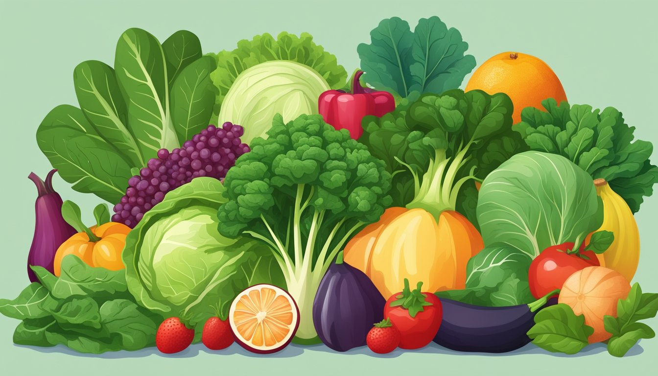 A variety of leafy greens arranged in a colorful display, including spinach, kale, and Swiss chard, surrounded by vibrant vegetables and fruits