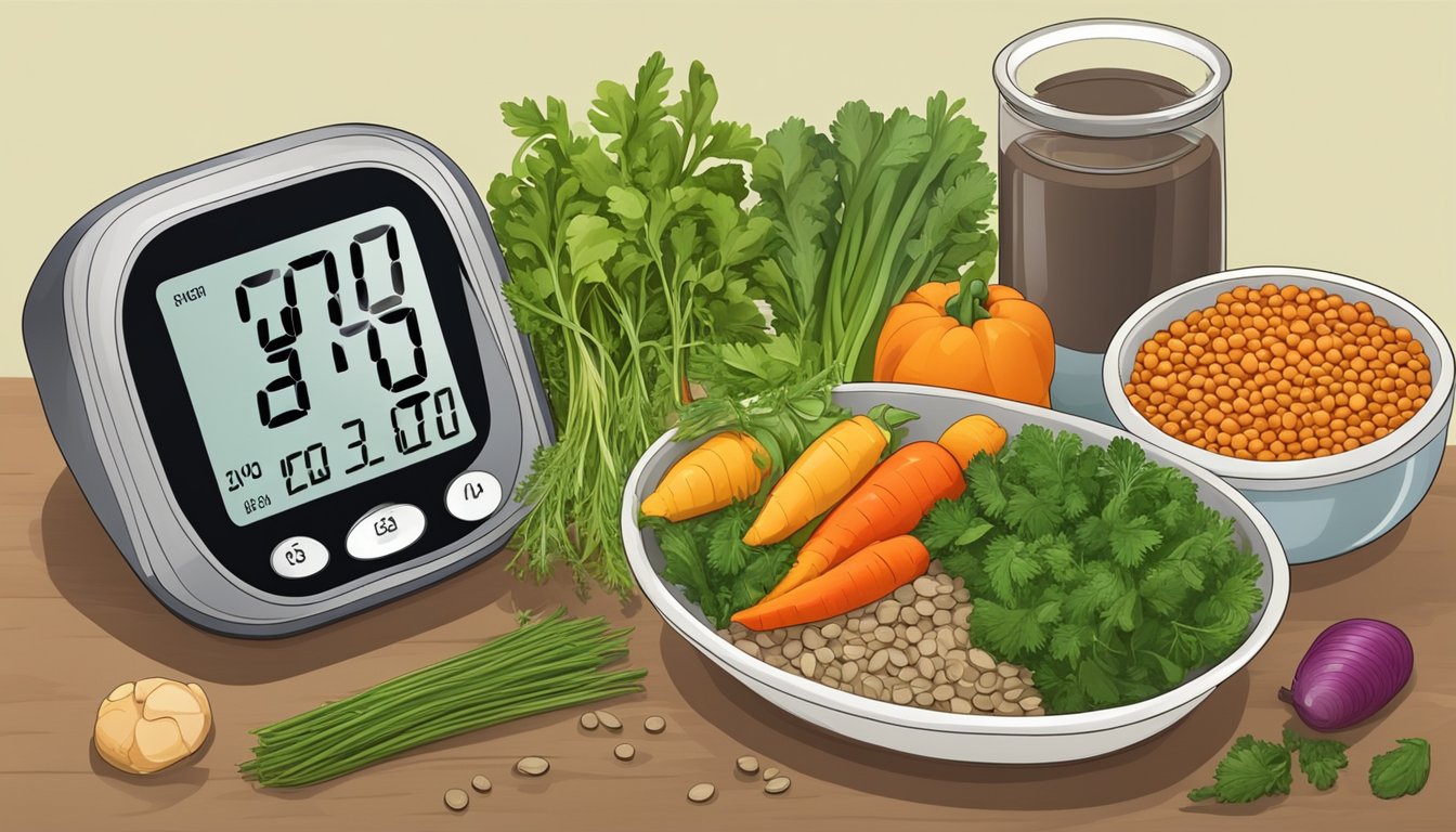 A bowl of lentils surrounded by various vegetables and herbs, with a blood pressure monitor in the background