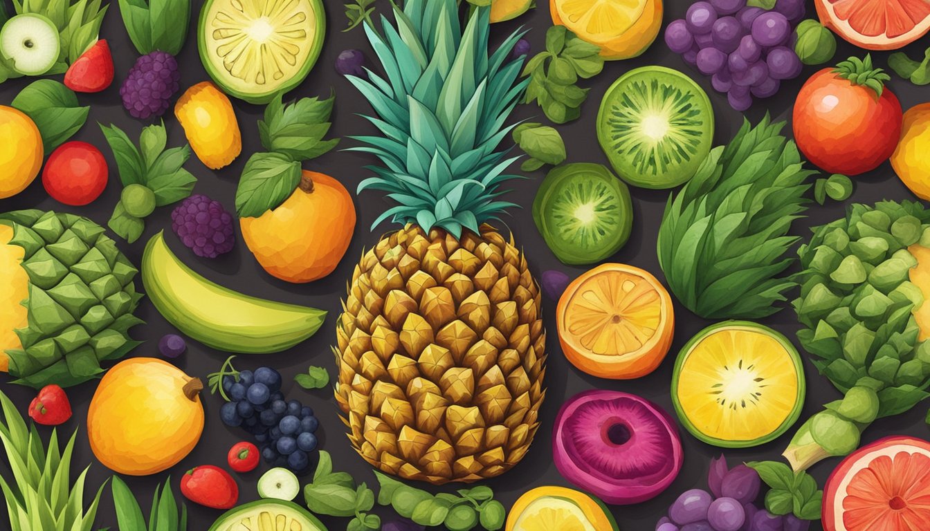 A vibrant pineapple surrounded by a variety of colorful fruits and vegetables, all arranged on a wooden cutting board