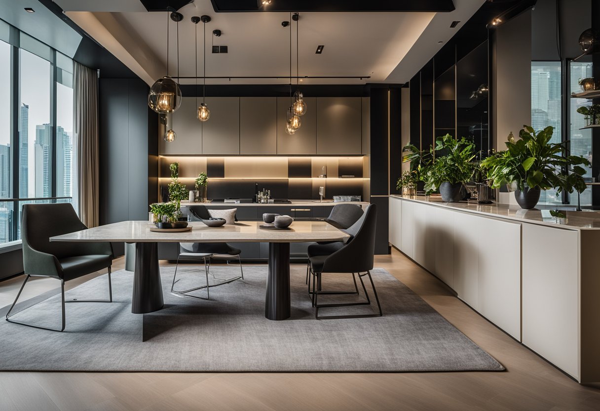 A modern showroom in Singapore displays custom-made furniture, including a sleek bed and a stylish dining table, showcasing different materials and designs