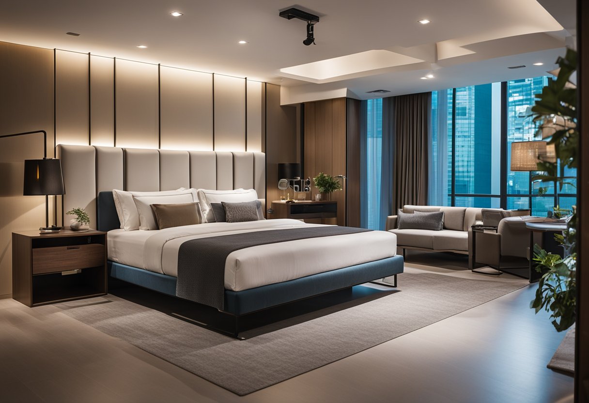 A modern, custom-made bed and dining table showcased in a sleek Singapore furniture showroom