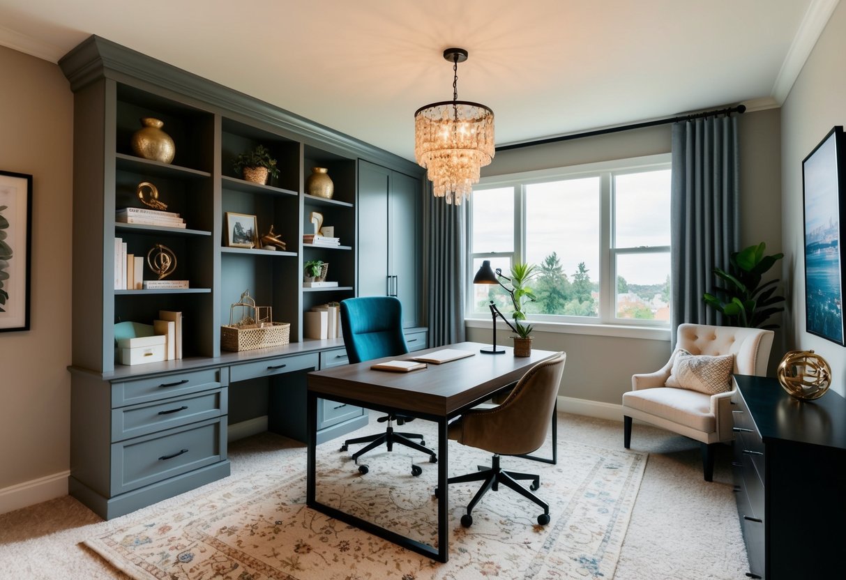 A cozy, well-lit bedroom converted into a stylish and functional office space with a desk, chair, bookshelves, and decorative accents