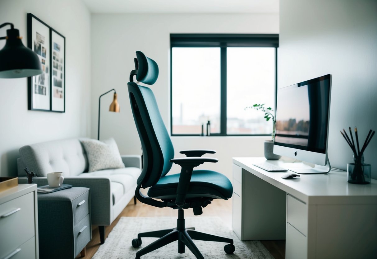 A sleek ergonomic office chair in a modern bedroom office setup with a desk, computer, and minimal decor