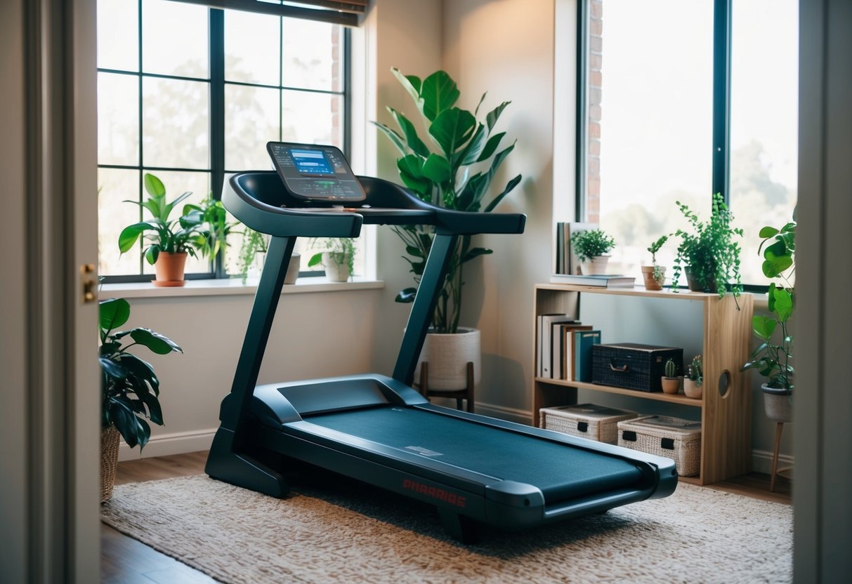 An under-desk treadmill in a cozy bedroom office, surrounded by plants, books, and a large window with natural light streaming in