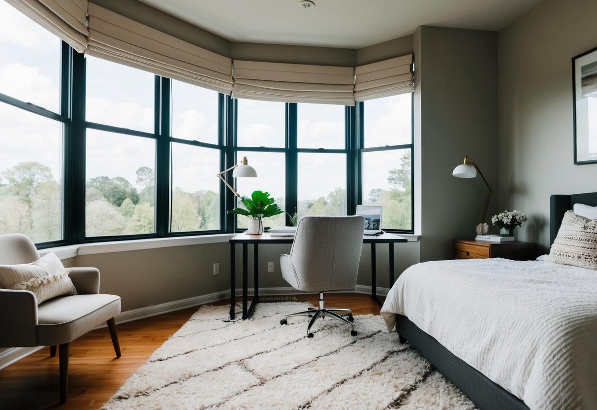 A cozy bedroom office with a soft area rug, a desk, and a comfortable chair next to a large window with natural light streaming in