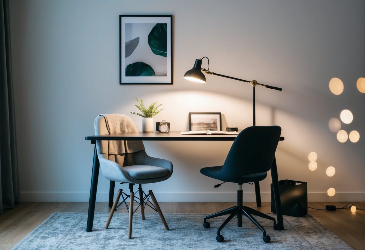 A modern adjustable task lamp illuminates a clutter-free bedroom office desk with minimalistic decor and a cozy chair