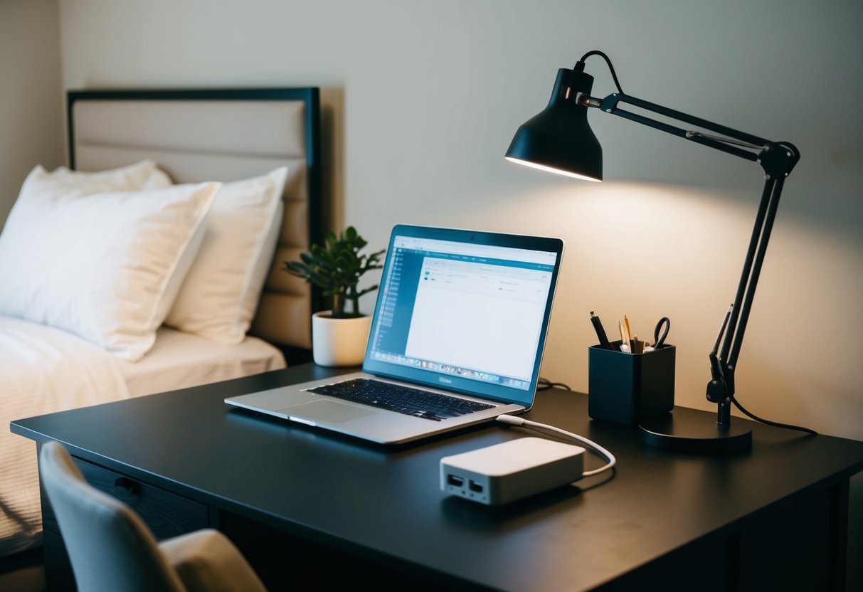 A tidy bedroom office with a sleek cable management box on the desk. A laptop and desk lamp are neatly arranged with minimal clutter