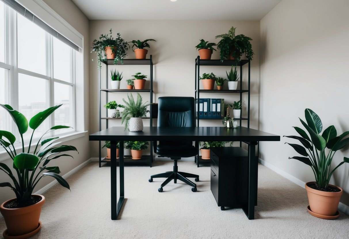 A spacious bedroom with a large desk and shelves, adorned with air-purifying plants in stylish pots. A cozy and productive office space