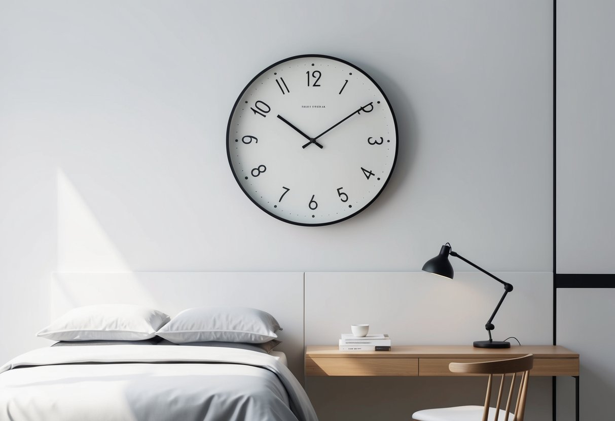 A clean, modern bedroom or office with a simple, unadorned wall clock as the focal point