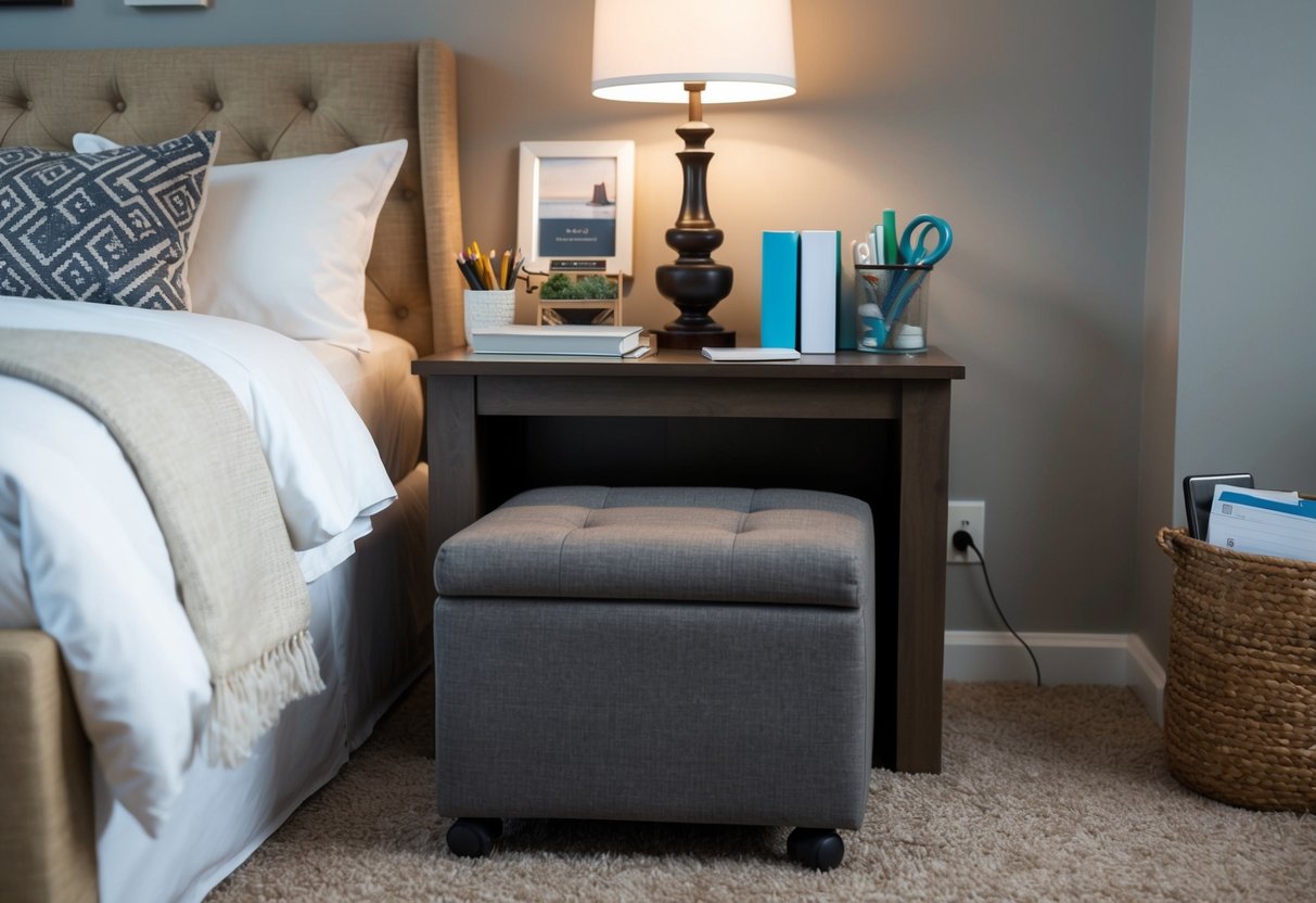 A cozy bedroom with a storage ottoman doubling as a bedside table, surrounded by office supplies and decor