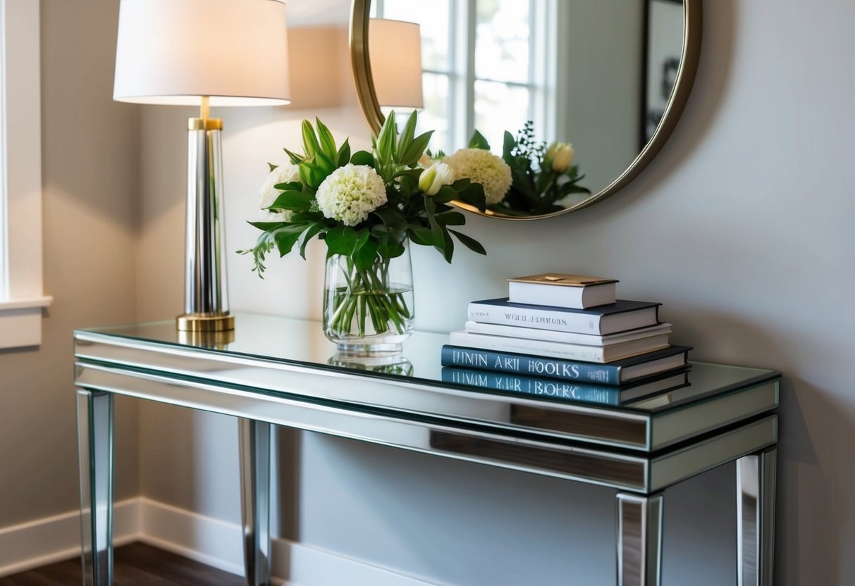 A sleek, modern entryway table with a mirrored surface, adorned with a vase of fresh flowers and a stack of art books